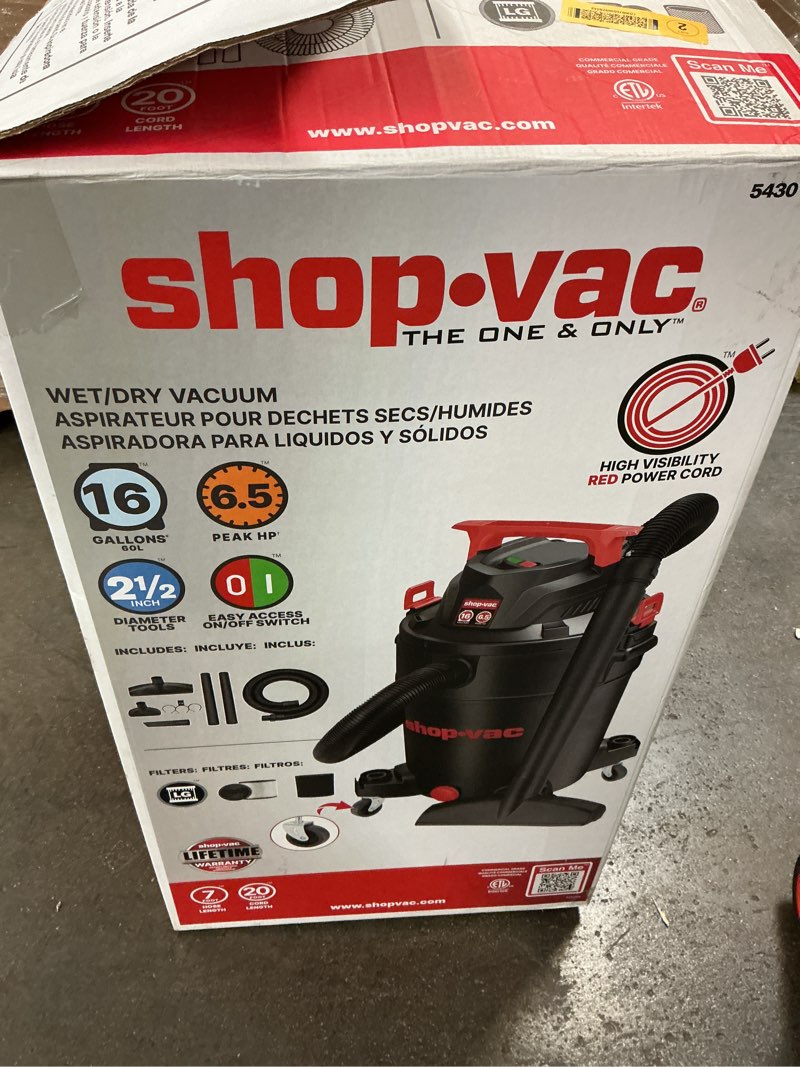 Condition photo showing As Is for shop-vac 16-gallon 6.5 hp corded wet/dry shop vacuum with accessories included