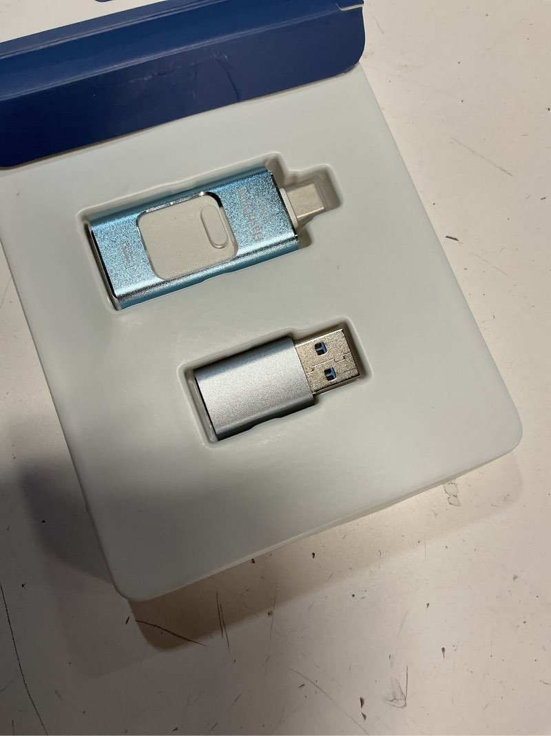 Condition photo showing As Is for apple mfi certified 128gb flash drive for iphone thumb drive photo stick, usb memory stick iphone flash drive for photos videos, high speed jump drive compatible for iphone/ipad/android/pc (blue) blue 128gb