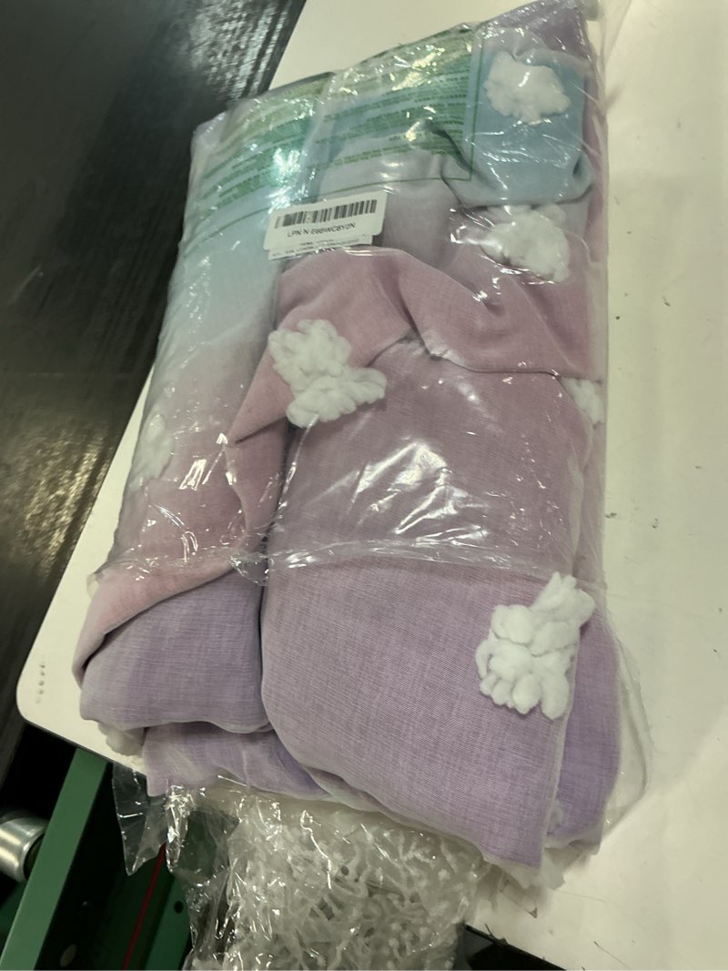 Condition photo showing As Is for ryb home pink purple ombre curtains for girls bedroom nursery - double layer pom pom sheer overlay room darkening drapes, gradient dreamy window treatment with bow tie-backs, 2 panels, w52xl84 52"w x 84"l (pack of 2) pink purple ombre