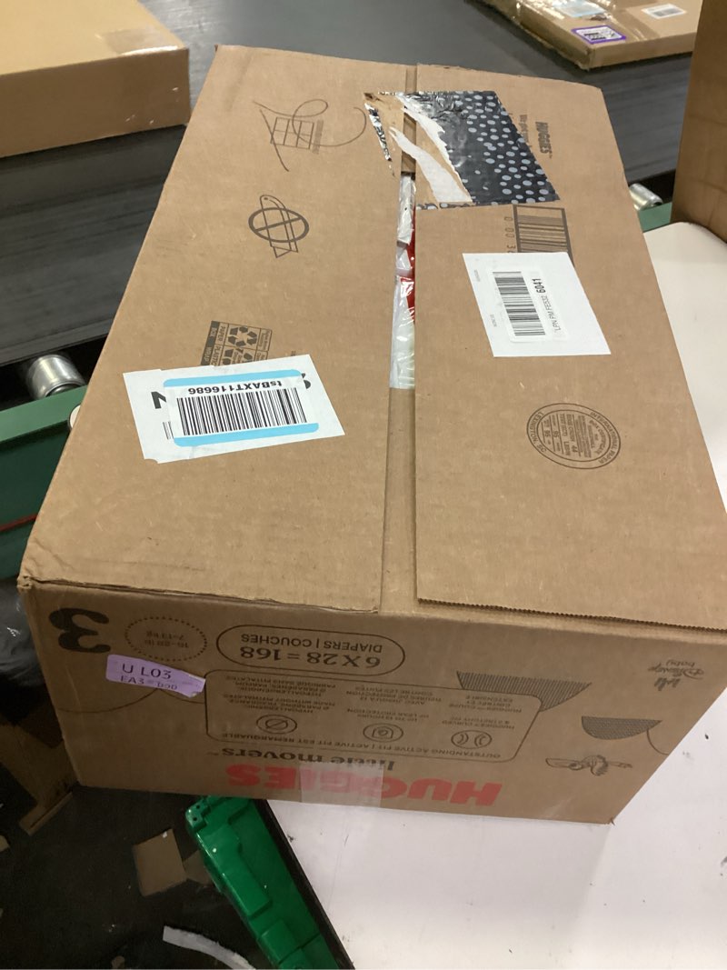 Condition photo showing New/Like New for huggies size 3 diapers, little movers baby diapers, size 3 (16-28 lbs), 168 count (6 packs of 28), packaging may vary