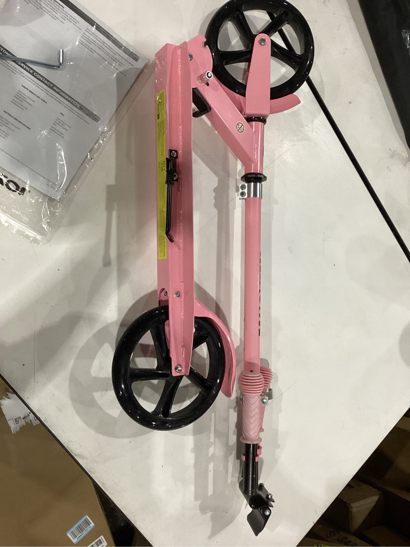 Condition photo showing As Is for kick scooter for kids ages 6+, teens & adults, adjustable handlebars, rear brake, big wheel foldable scooter for indoor & outdoor pink