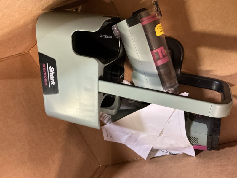 Condition photo showing As Is for shark stainforce cordless spot cleaner, dual-activated easy spray formula, oxy-powered stain cleaning, indoor + outdoor, carpets, upholstery, car seats & stairs, pet urine & odor remover, hx101 stainforce cordless stain system (sage green)