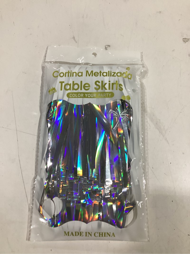 Condition photo showing Good Condition for 2 pack 29.5x108 inch silver foil tinsel fringe table skirts, disposable table skirts for rectangle tables curtains backdrop parade wedding floats baby shower birthday mardi gras party silver 2