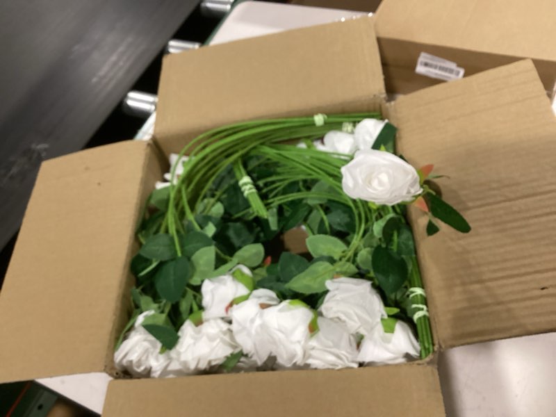 Condition photo showing New/Like New for 50 pcs white roses artificial flowers, fake white roses bouquet,white artificial silk roses with stems for diy wedding flowers decoration, valentines day mothers day, bridal bouquet roses white 50 pcs