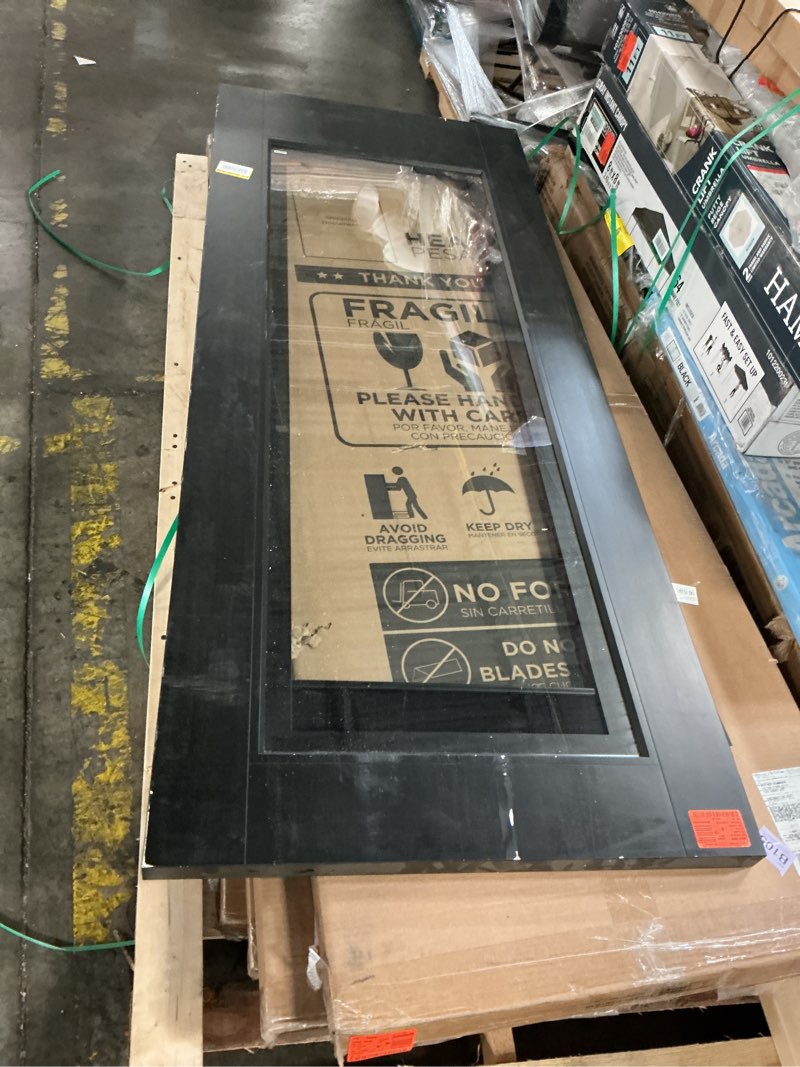 Condition photo showing As Is for legacy 32 in. x 80 in. universal handing full lite clear glass noir miniblind black finish fiberglass front door slab