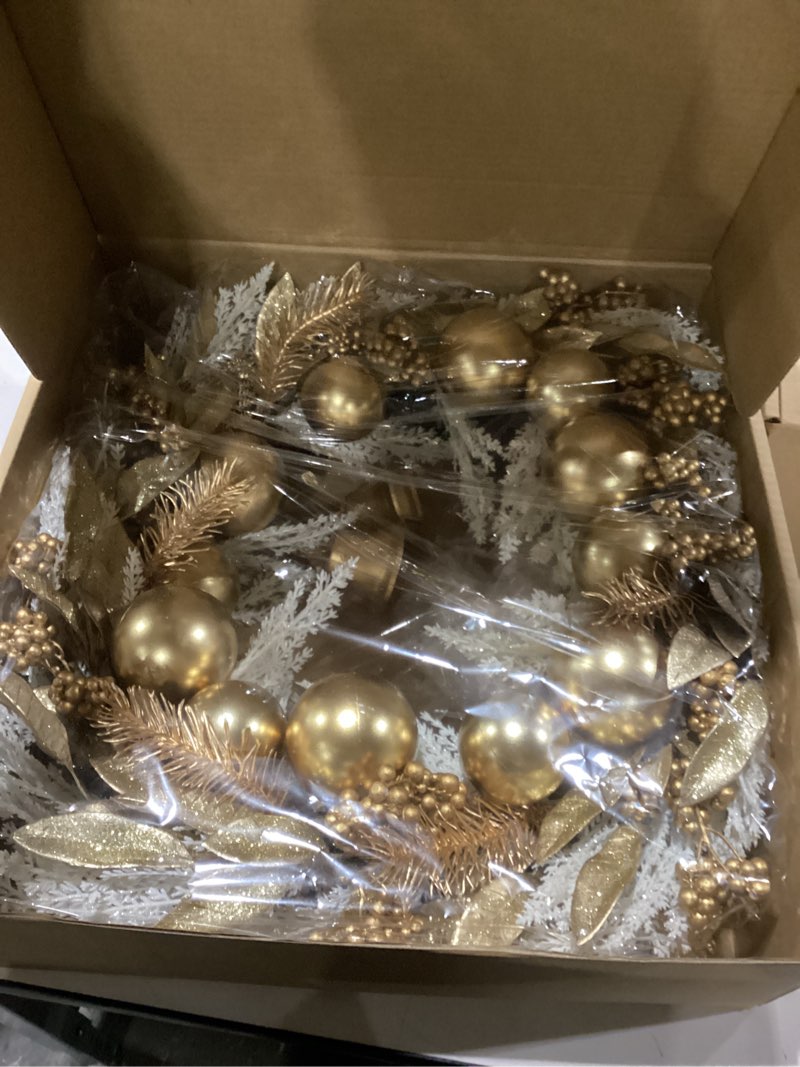 Condition photo showing New/Like New for similar to stock photo gold 24\\\" christmas wreaths for front door,  berry leaves bells balls xmas wreath with white fake pampas grass, door reef for windows fireplaces walls, front porch indoor and outdoor 24 inch s