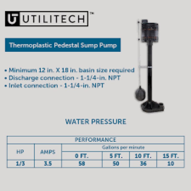 utilitech 1/3-hp 115 -volt 58-gallon thermoplastic pedestal sump pump