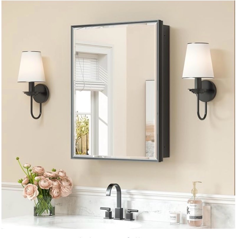 keonjinn 17\" x 25\"black bathroom medicine cabinets with mirror, recessed or surface wall-mounted aluminum alloy framed beveled mirror with storage, 2 adjustable shelves for bath modern