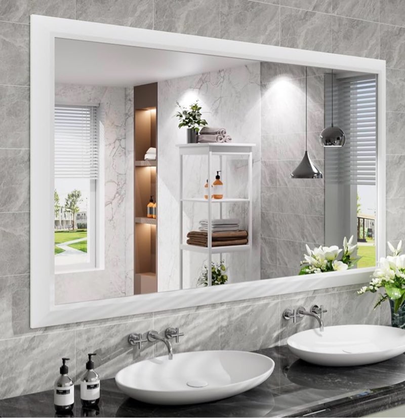 amorho bathroom mirror, 60x36 inch white thick metal framed wall mirrors for over 2 sinks, bedroom, living room, entryway, large rectangle wall-mounted mirrors.