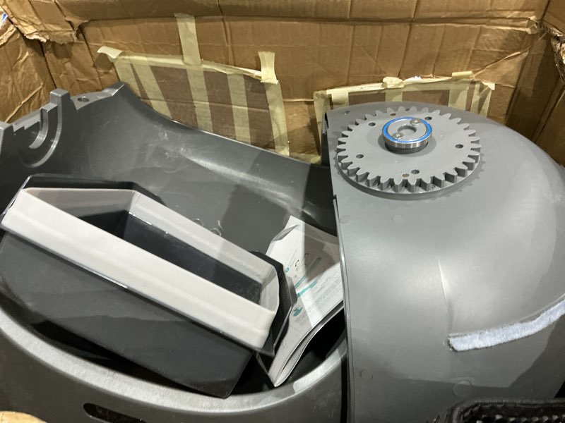Condition photo showing As Is for automatic cat litter box, self-cleaning cat litter box with 15-layer safety protection, smart app control and adjustable entrance height, trash can