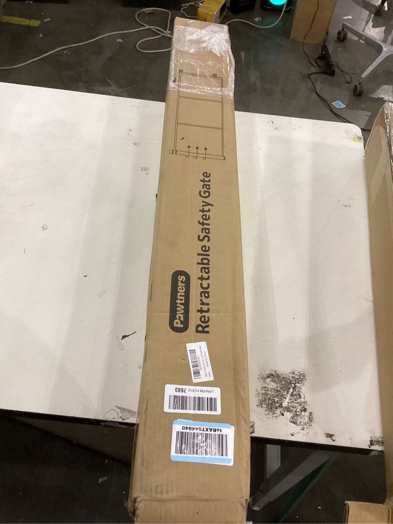 Condition photo showing New/Like New for Pawtners Retractable Baby Gates Extra Wide, 41" Tall Extends up to 120" Wide, Dog Gate Indoor with Cat Door for Stairs, Pet Gate with Support Rods for Doorways Hallways Indoor & Outdoor-White White 41" Tall x 120" Wide