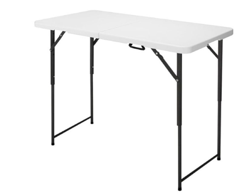 4ft folding table, portable fold-in-half adjustable height utility table for indoor/outdoor use, durable hdpe & steel, stable & lightweight, multi-purpose, black woodgrain