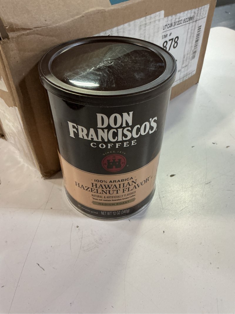 Condition photo showing New/Like New for ( best by 08/06/2027 ) don francisco's hawaiian hazelnut ground flavored coffee: rich, aromatic 100% arabica beans - (12 oz recyclable can)