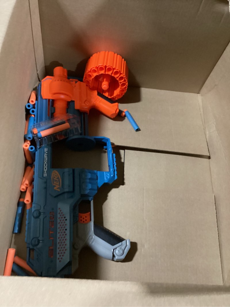 Condition photo showing As Is for nerf elite 2.0 shockwave rd-15 dart blaster, 30 nerf elite darts, 15-dart rotating drum, kids outdoor toys for 8 year old boys & girls and up (amazon exclusive) standard packaging