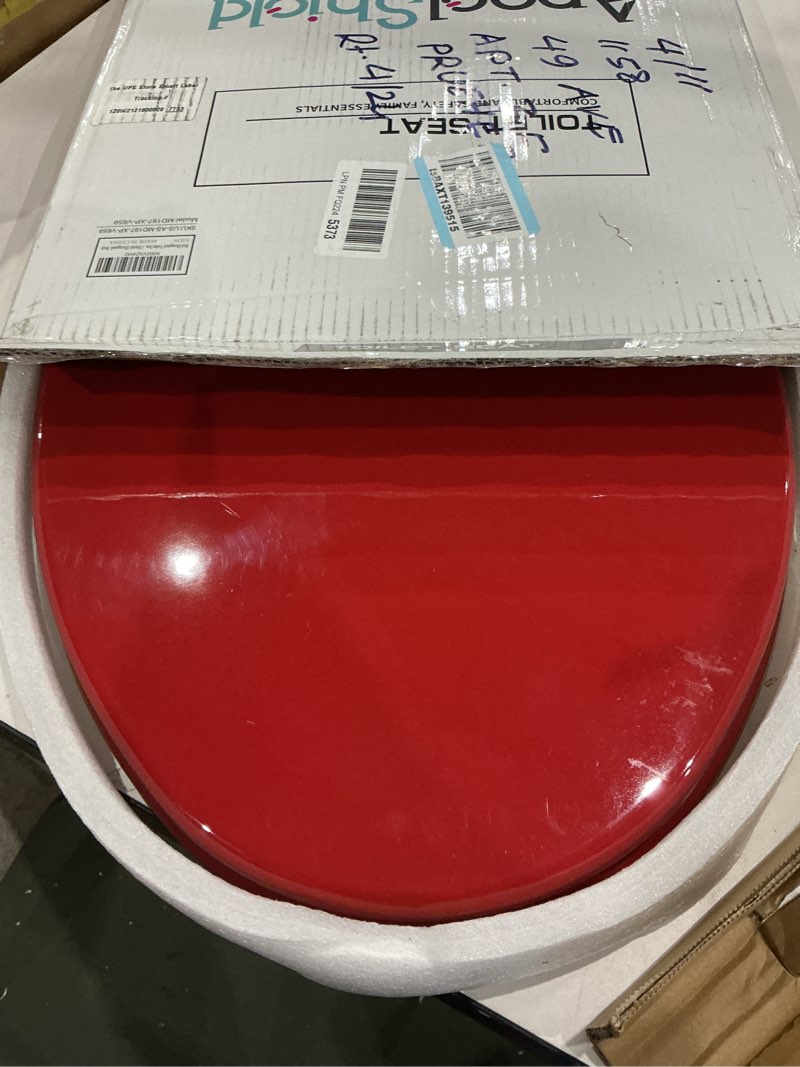 Condition photo showing Good Condition for red elongated toilet seat natural wood toilet seat with zinc alloy hinges, easy to install also easy to clean, scratch resistant toilet seat by angol shiold (elongated, red) elongated red