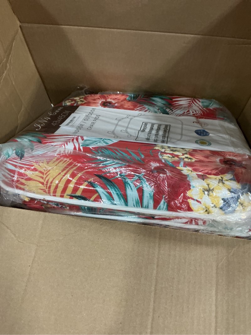 Condition photo showing New/Like New for indoor/outdoor chair cushions 17"x16"x2" with ties for dining chairs set of 2, waterproof u-shaped chair pads, foam seat cushions for patio kitchen garden office-chili red floral a sadira chili haze 2 count (pack of 1)