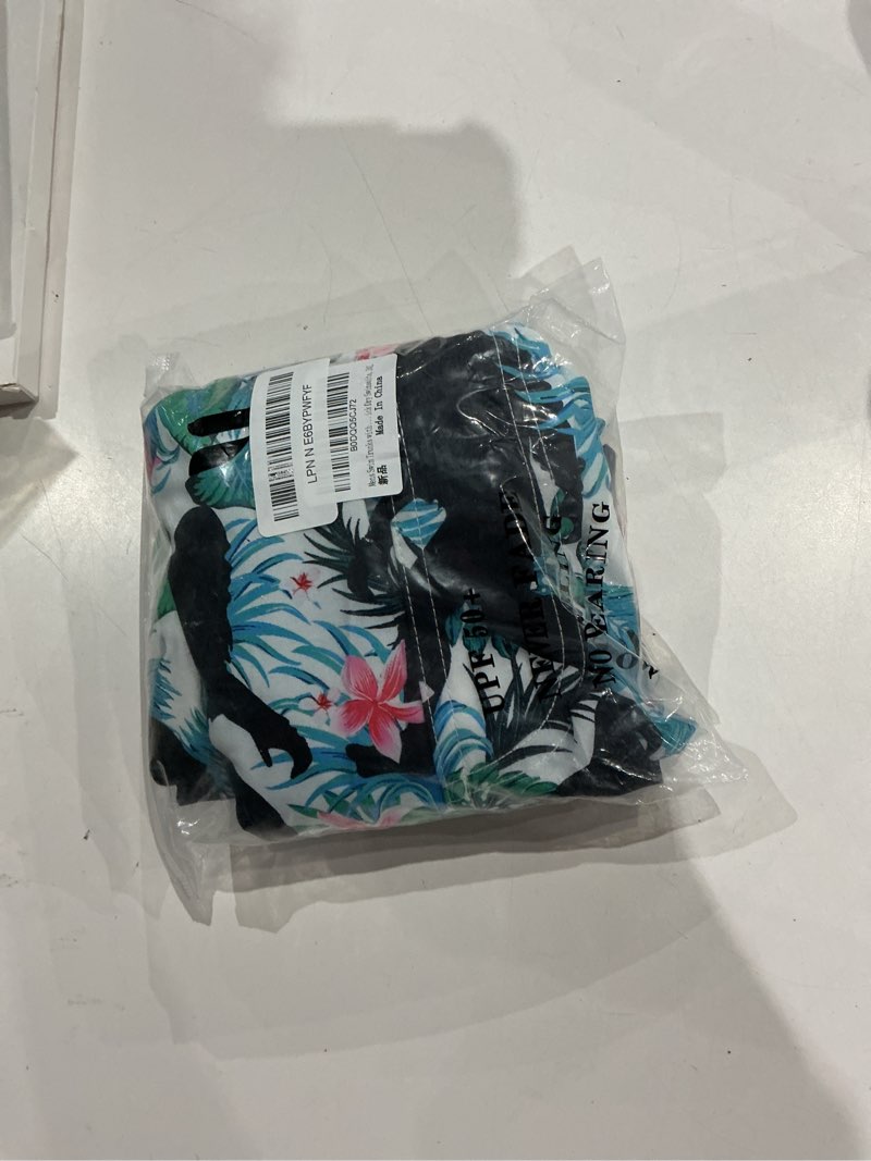 Condition photo showing As Is for mens swim trunks 9 inch inseam stretch board shorts built-in quick dry swimwear bathing suits with compression liner x-large tropical leaf bigfoot