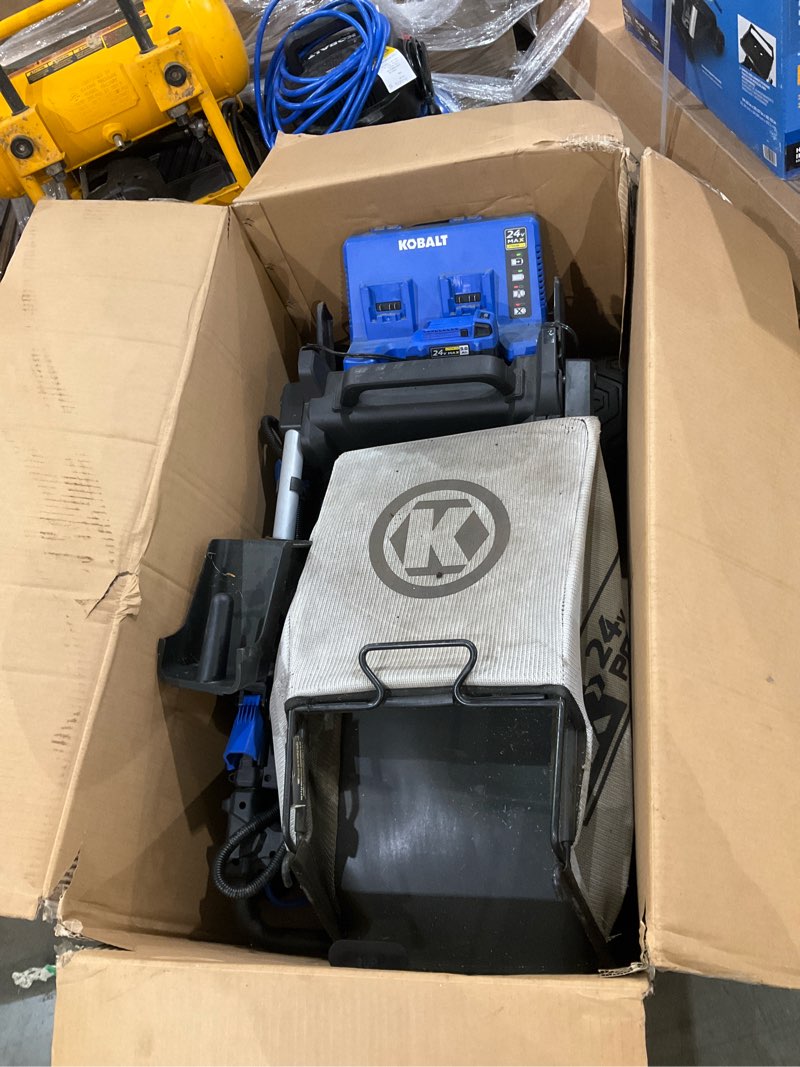 Condition photo showing As Is for kobalt 20 in dual battery self propelled mower kit 24 volt