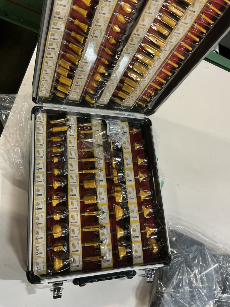 Condition photo showing New/Like New for 100 pieces router bit set, router bits 1/4 inch shank with aluminum storage case tungsten carbide router bits kit for professional woodworking 100pcs