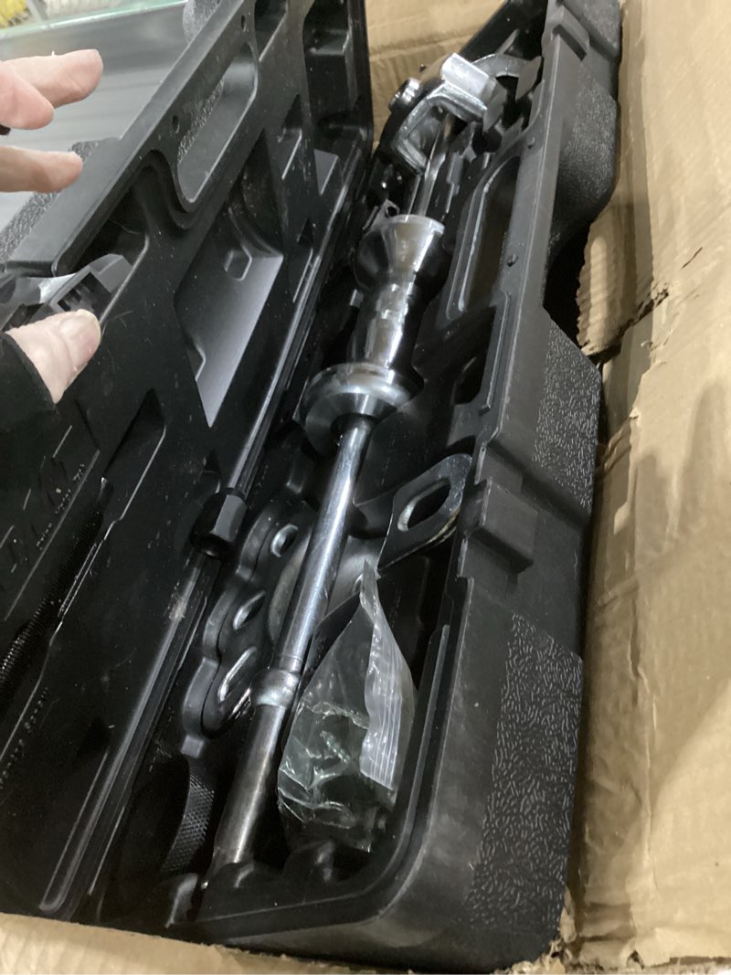 Condition photo showing As Is for orion motor tech slide hammer, 9-way internal/external slide hammer puller set - pulls hubs, rear wheel axle shafts, bearings, bushings, seals, retainers black case