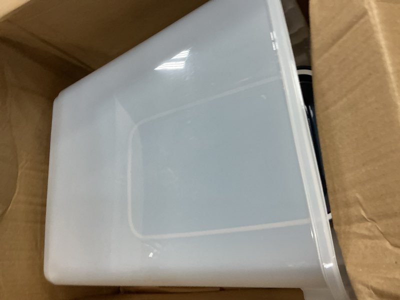 Condition photo showing As Is for IRIS USA Airtight Dog Food Storage Container, Up to 38 lbs, Attachable Wheels, For Dog Cat Bird and Other Pet Food Storage Bin, Keep Fresh, Easy Mobility, BPA Free, Navy/Pearl