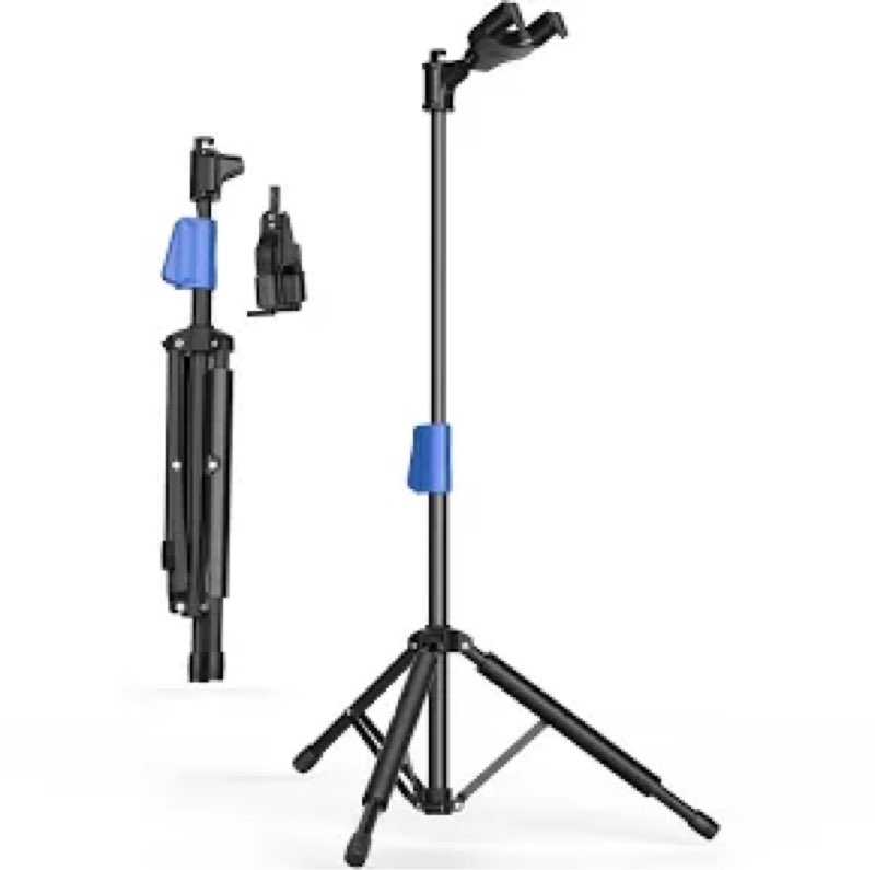 salvori folding guitar stand with auto- lack system, one-button lift and soild tripod for bass, acoustic, electric, classical guitar