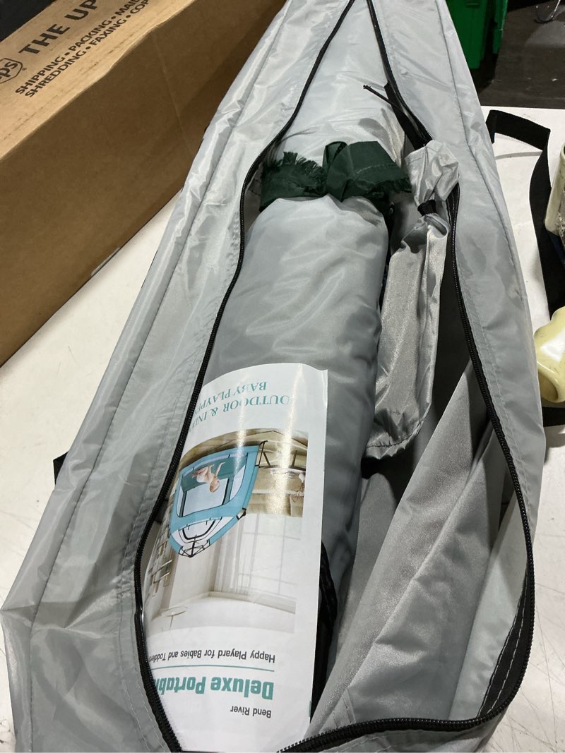 Condition photo showing As Is for bend river portable baby playpen with canopy, infant play yard, beach tent, mosquito net for indoor and outdoor (grey)