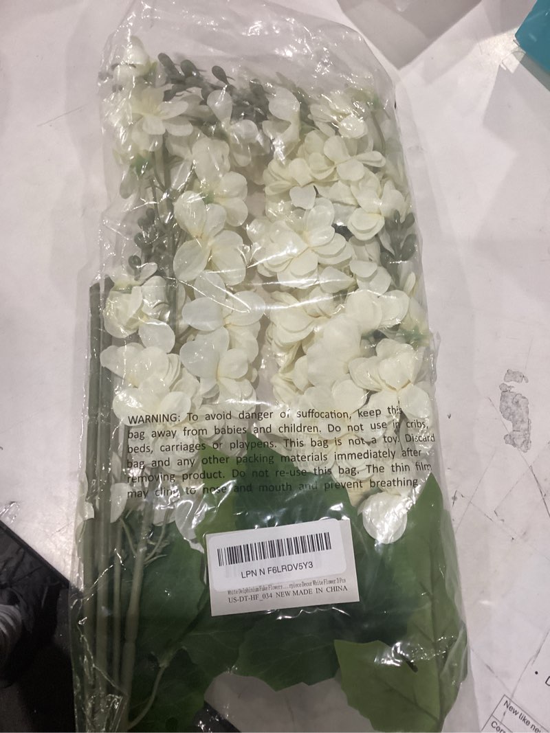 Condition photo showing Good Condition for cream delphinium fake flowers wedding bouquet white blossoms flowers stems silk garden larkspur plant spray long stem flower for vase floral arrangement table centerpiece decor white flower 3 pcs