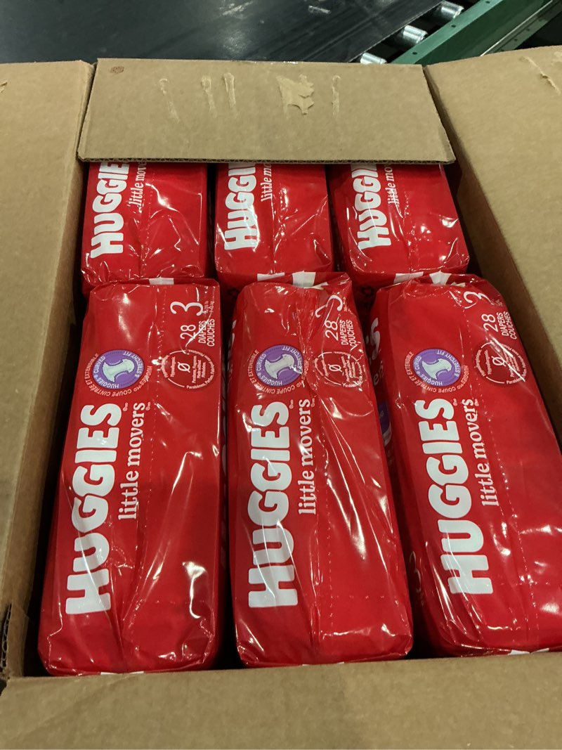 Condition photo showing New/Like New for huggies size 3 diapers, little movers baby diapers, size 3 (16-28 lbs), 168 count (6 packs of 28), packaging may vary