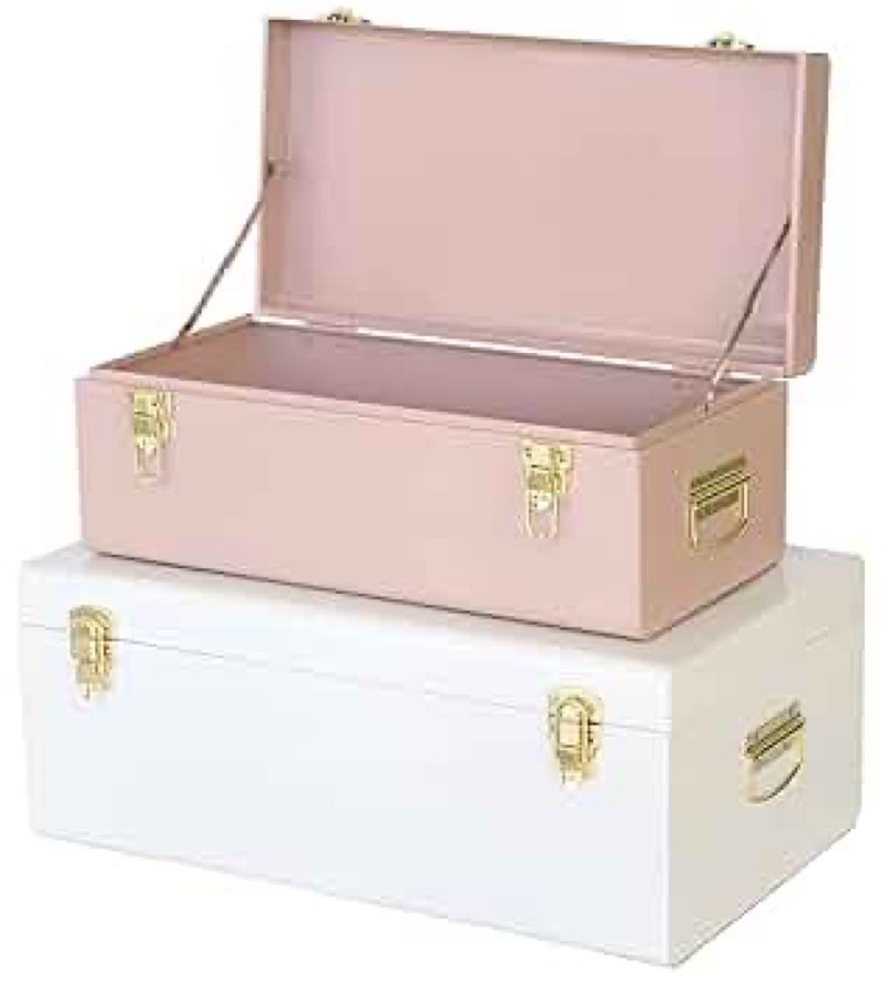 vixdonos decorative large metal box storage trunk chest set of 2 college dorm organizer with hardware hasps and handle for home deocr,23.7x14.2x9.5 inches(beige and orange)