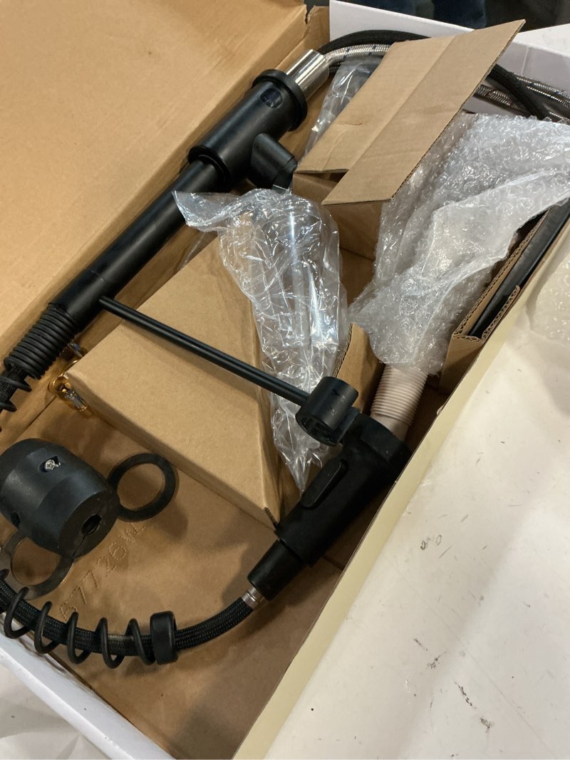 Condition photo showing As Is for mondawe matte black single handle deck-mount touchless pull-down kitchen faucet with sprayer (includes deck plate)