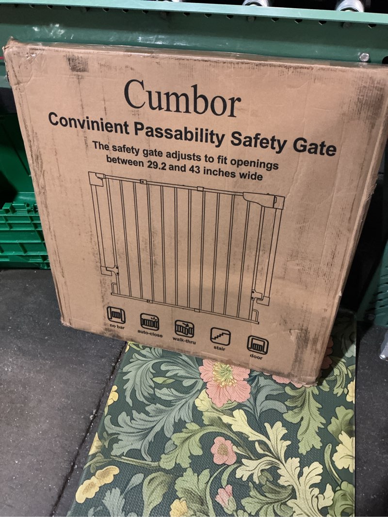 Condition photo showing New/Like New for cumbor 29.2–43" baby gate for stairs, hardware mounted (drill required), expandable no bottom bar dog gate, auto close extra wide walk thru, pet & toddler proof gate, top & bottom of stairways (white)