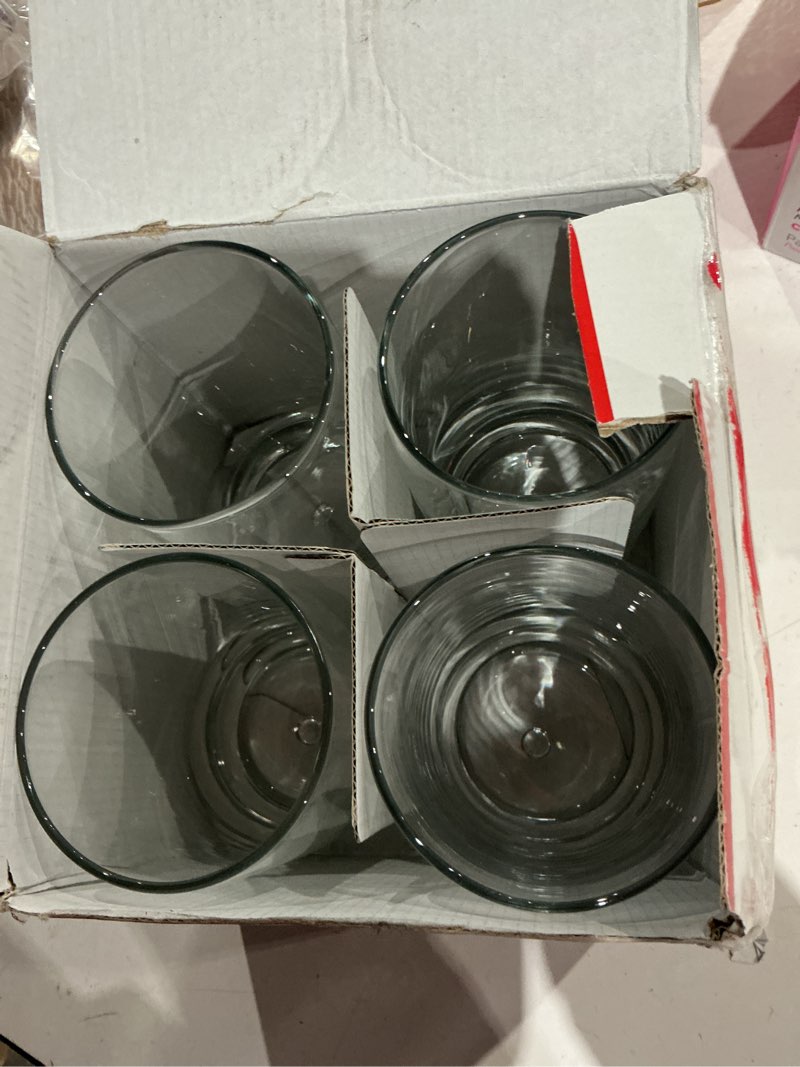 Condition photo showing Good Condition for set of 4 highball glasses 16 oz collins cocktail drinking glass cups, bubble base glassware for water, juice, cocktails, beer pint glasses, modern basic tumblers. straight