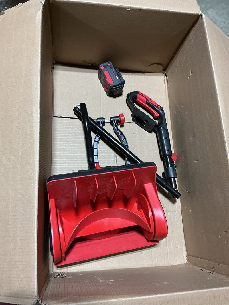 Condition photo showing As Is for mzk cordless snow shovel, 20v 13-inch battery powered snow thrower, battery snow blower with directional plate & adjustable front handle(4.0ah li-ion battery & fast charger included)