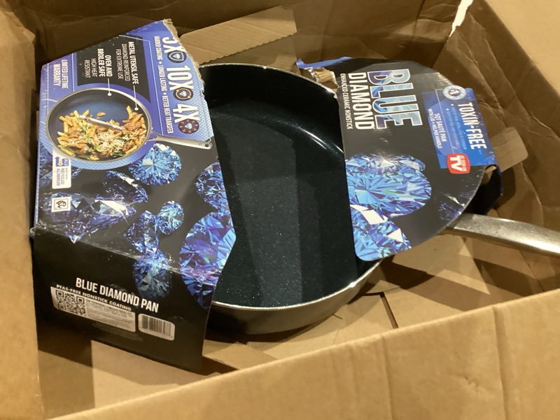 Condition photo showing As Is for blue diamond 5qt saute pan with lid, non toxic pfas-free diamond ceramic nonstick, dishwasher & oven safe, metal utensil safe, deep jumbo cooker skillet with helper handle, glass lid, blue 20 cup with lid blue