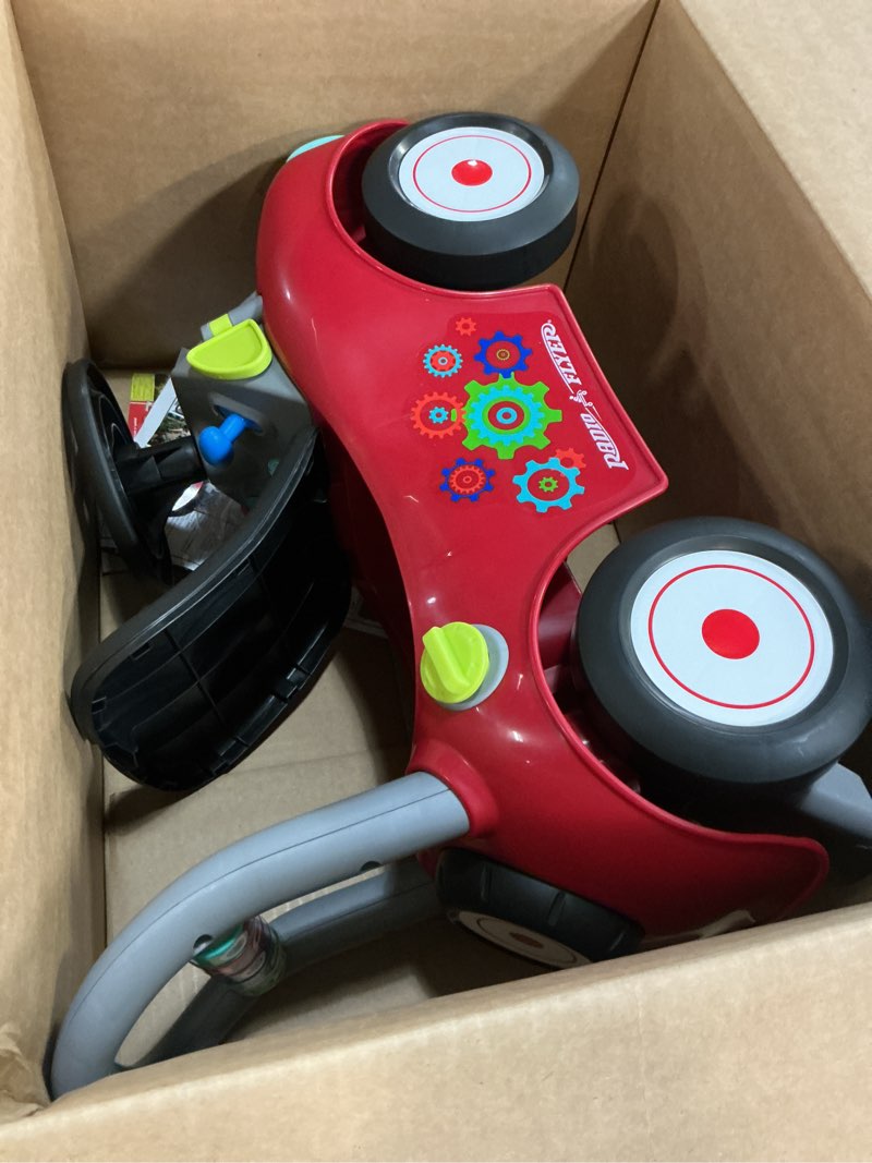 Condition photo showing Good Condition for radio flyer busy buggy, for toddlers 1-3, 3-in-1 push walker ride on car with 17 sensory activities, anti-tip feature, under-seat storage, horn and gears, 42 lb capacity, toddler ride on toys red