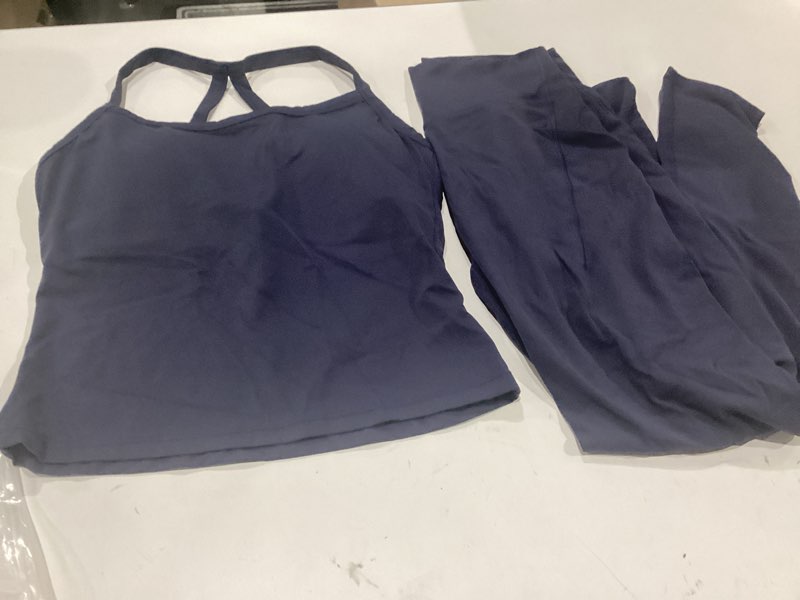 Condition photo showing New/Like New for suuksess women 2 piece workout sets compression tummy control leggings with pockets halter built in bra tank tops medium navy blue