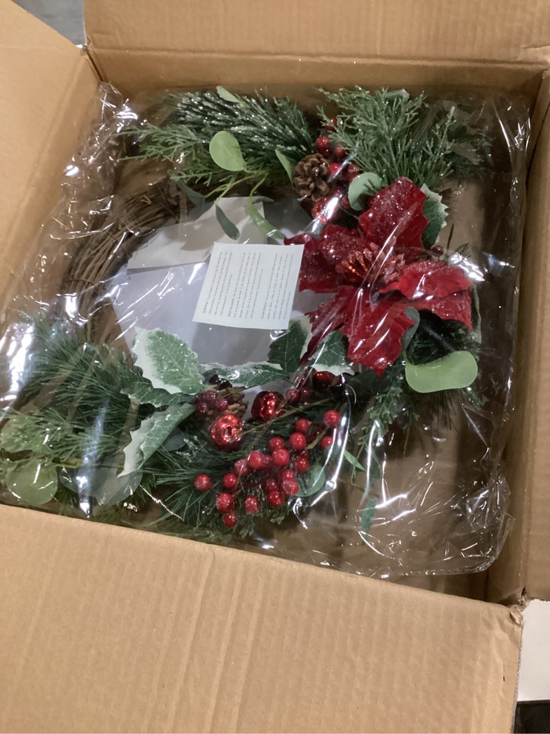 Condition photo showing New/Like New for Potvin 23.5" Eucalyptus Artificial Half Wreath with Poinsettia and Berries, Gree