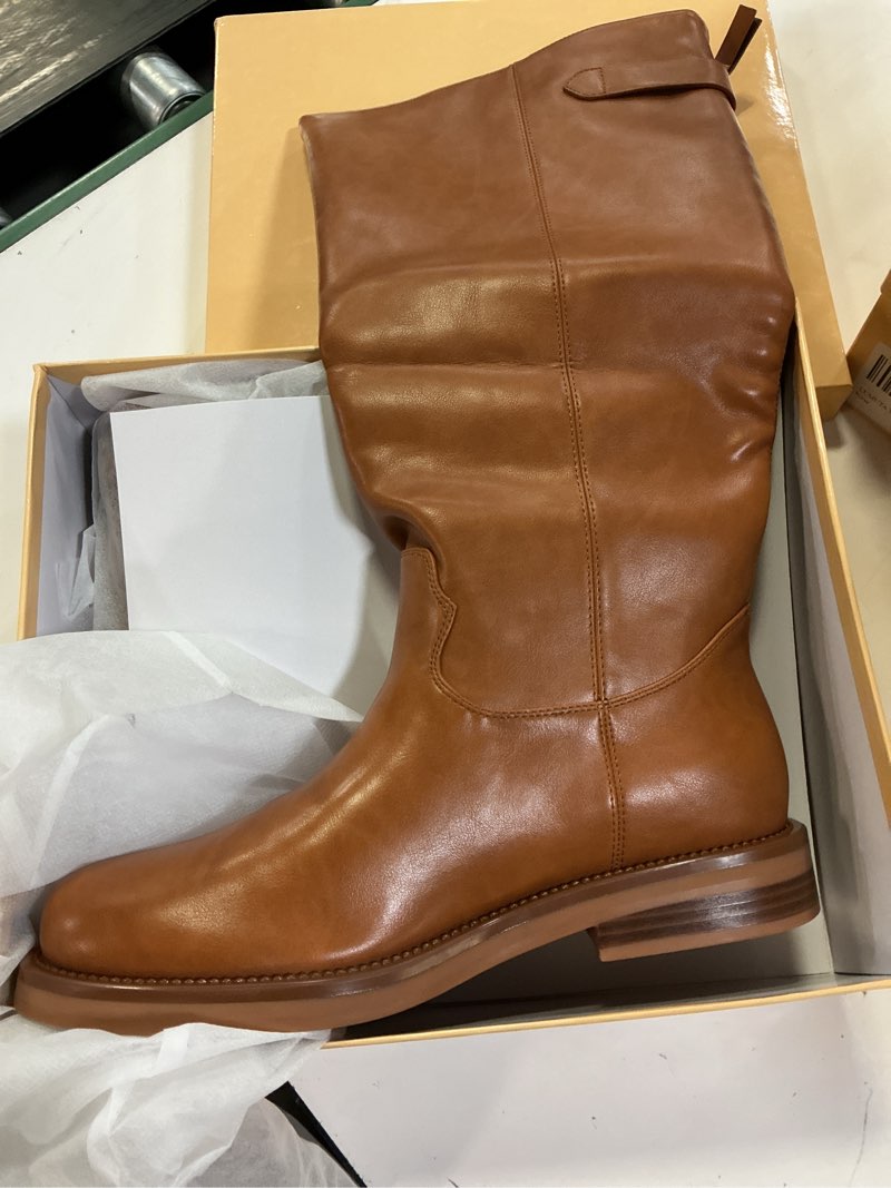 Condition photo showing New/Like New for women's knee high boots chunky heel square toe tall boots for women low heel back zipper boots size 10 brown