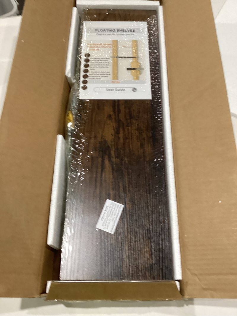 Condition photo showing Good Condition for fun memories floating shelves for wall, 8 inch deep floating wall shelf, 16" x 8" floating shelves - set of 2, rustic wooden storage shelves for bathroom, living room, kitchen, rustic brown color