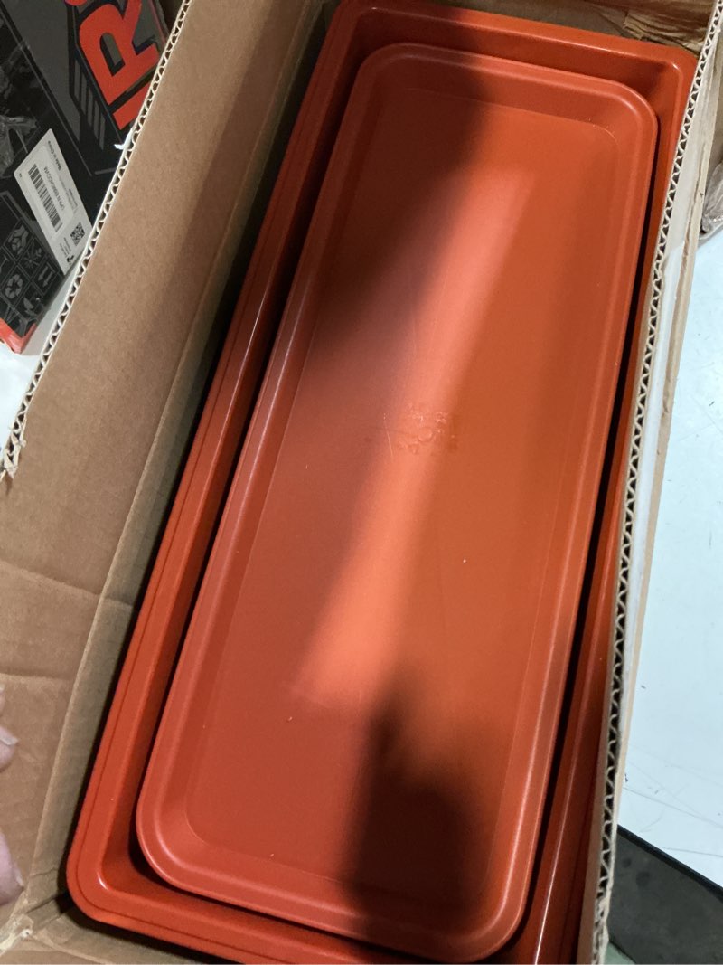 Condition photo showing Good Condition for 6 packs window box planter, 17 inches flower window box rectangular plastic vegetable planters with trays for windowsill, patio, garden, balcony, brick red