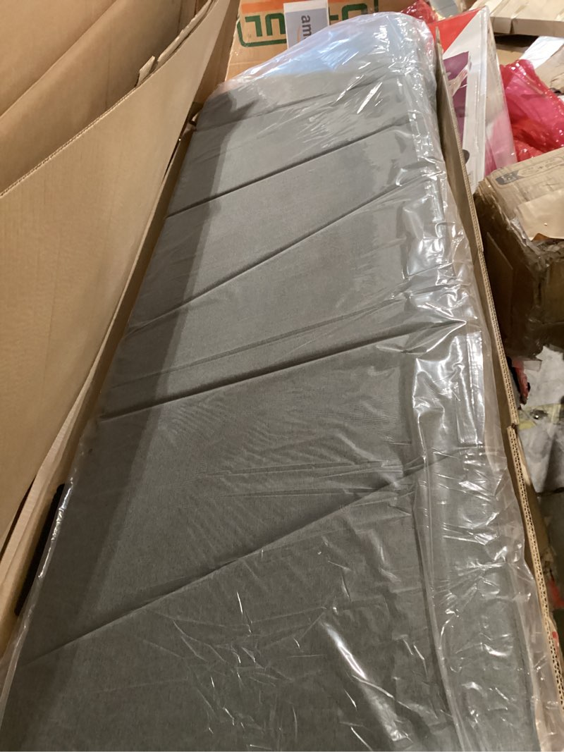 Condition photo showing Good Condition for zinus queen maya upholstered bed frame with asymmetric headboard, durable wooden slats, sturdy framework, noise free sleep, no box spring needed, easy assembly, eco friendly packaging, dark grey queen modern geometric