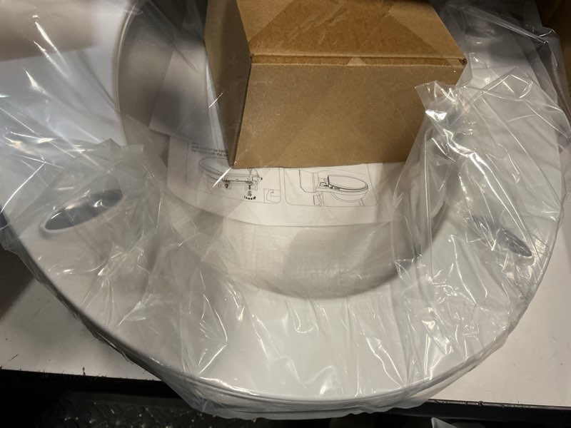Condition photo showing New/Like New for bidet toilet seat, soft close round toilet seat, button control feminine/posterior wash switch, knob control water pressure,white bidet seat attachment with brass inlet