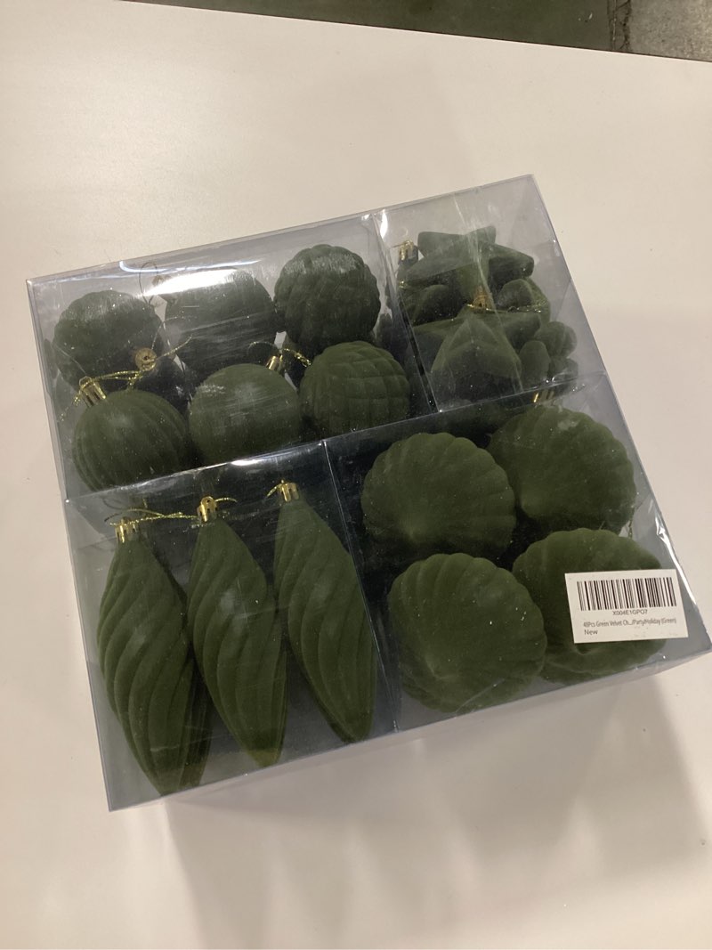 Condition photo showing New/Like New for 48Pcs Green Velvet Christmas Ornaments Set, Assorted Flocked Christmas Baubles Decorations, Shatterproof Christmas Balls Hanging Decor for Xmas Tree/Home/Party/Holiday (Green)