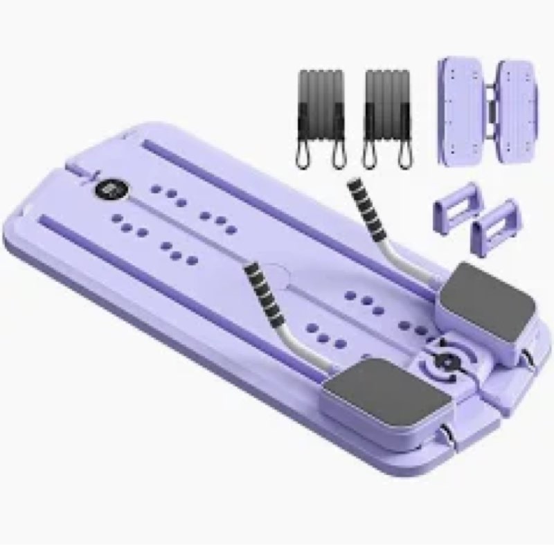 portable pilates bar kit with resistance bands, purple exercise platform, adjustable height bar, ful