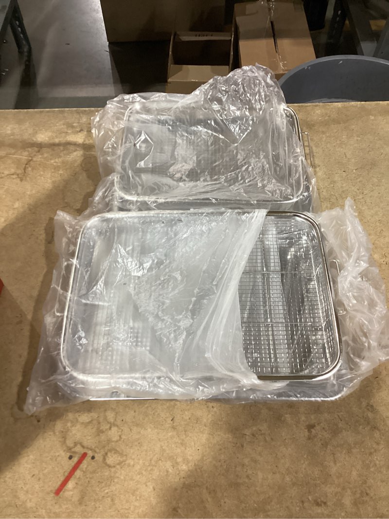 Condition photo showing New/Like New for air fryer basket for oven, 3 set oven air fryer basket and tray set with 90 pcs parchment papers, thorses thickened nonstick stainless steel air fryer pan and crisper tray-extra large & large & medium 3 set xl+l+m- silver