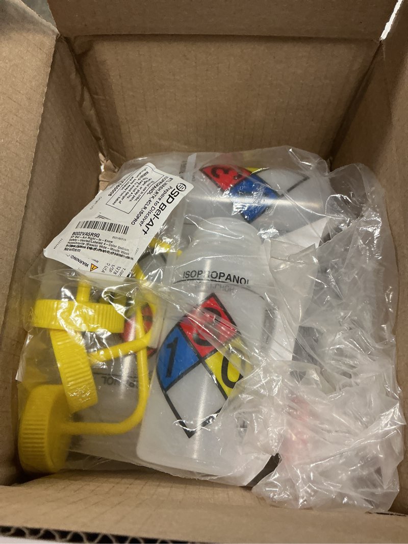 Condition photo showing Good Condition for SP Bel-Art Right-to-Know Safety-Vented/Labeled 4-Color Sodium Hypochlorite (Bleach) Wide-Mouth Wash Bottles; 500ml (16oz), Polyethylene w/Yellow Polypropylene Cap (Pack of 4) (F11816-0015)