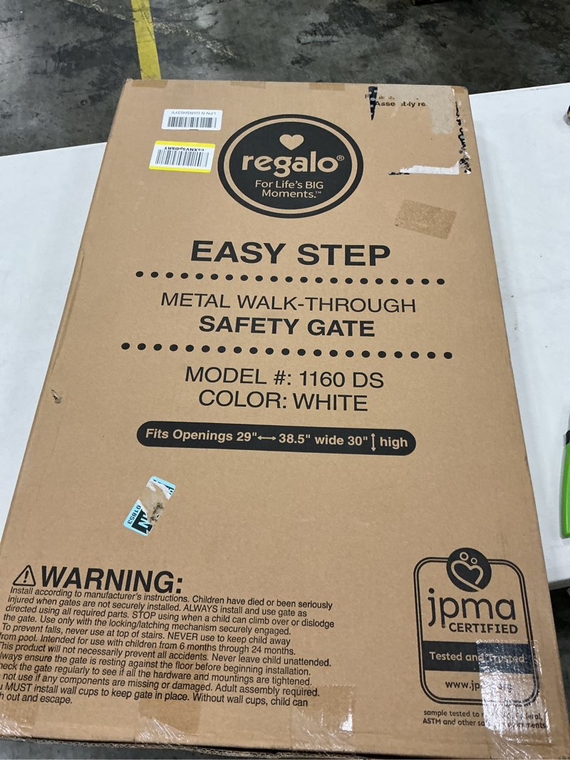 Condition photo showing New/Like New for regalo safety 38 baby gate for doorways & bottom of stairs pressure mount design for babies toddlers & pets tested & safe for 30 years american designed american owned white white 29-38.5"w x 30"h"