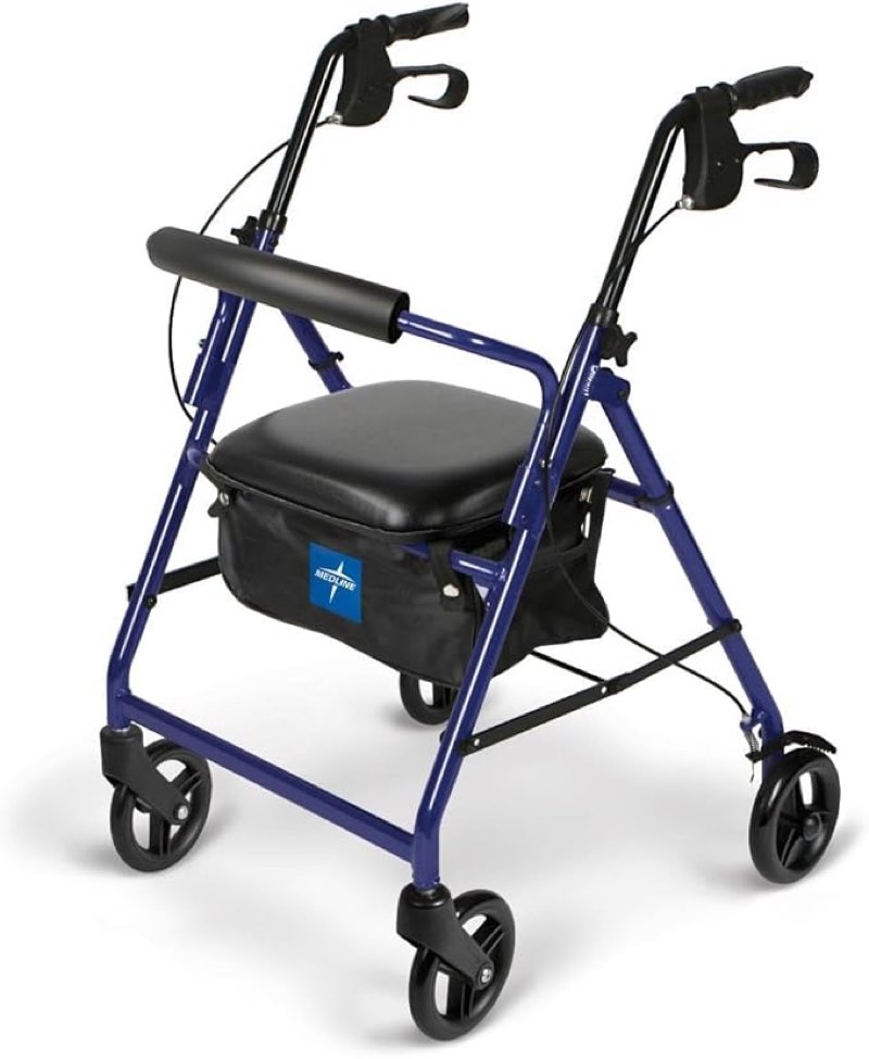 Medline Aluminum Rollator Walker with Seat, Blue, 250 lb. Weight Capacity, Lightweight, 6” Wheels, Foldable, Adjustable Handles, Rolling Walker for Seniors