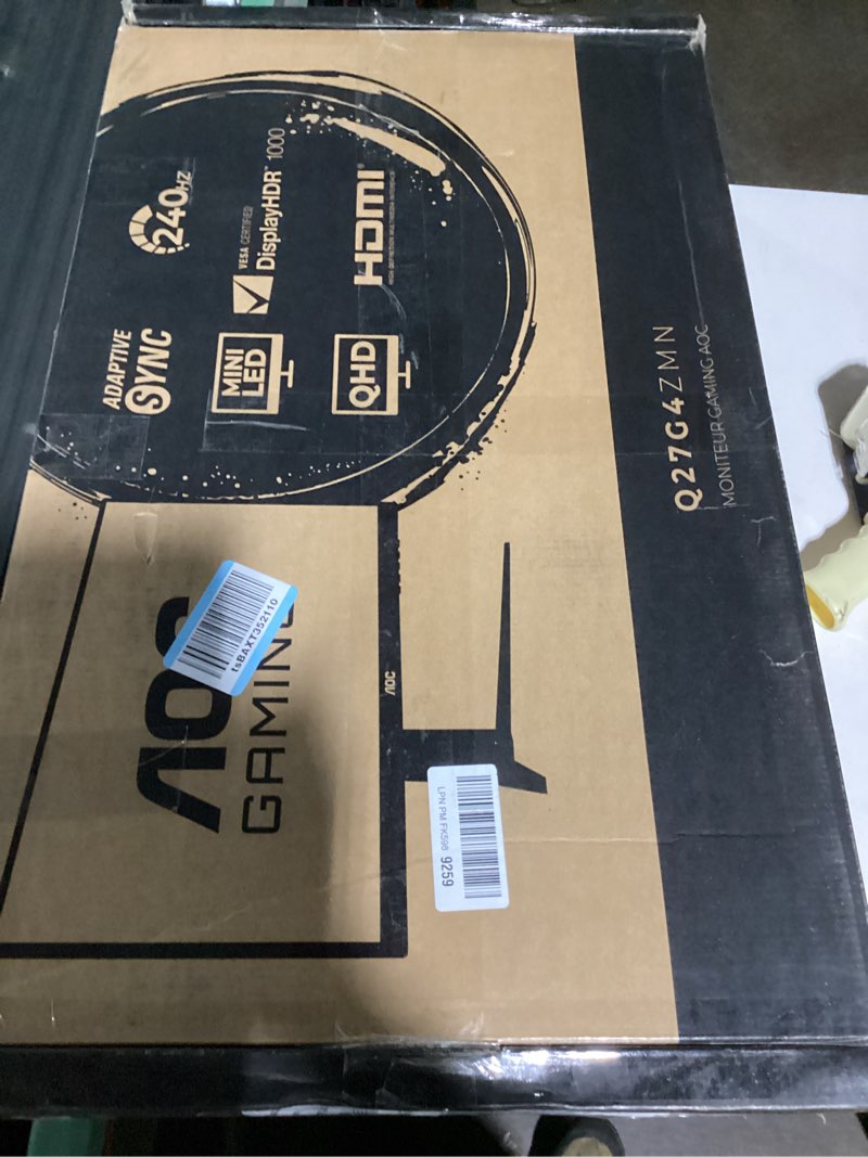 Condition photo showing As Is for aoc gaming q27g4zmn 27" mini-led gaming monitor, qhd ultra wide 1440p, 240hz, 1ms, displayhdr 1000, adaptive-sync, 1152 dimming zones, xbox/ps5/switch ready, 3-year zero-bright-dot. 27 inch qhd|240hz|mini-led|gaming